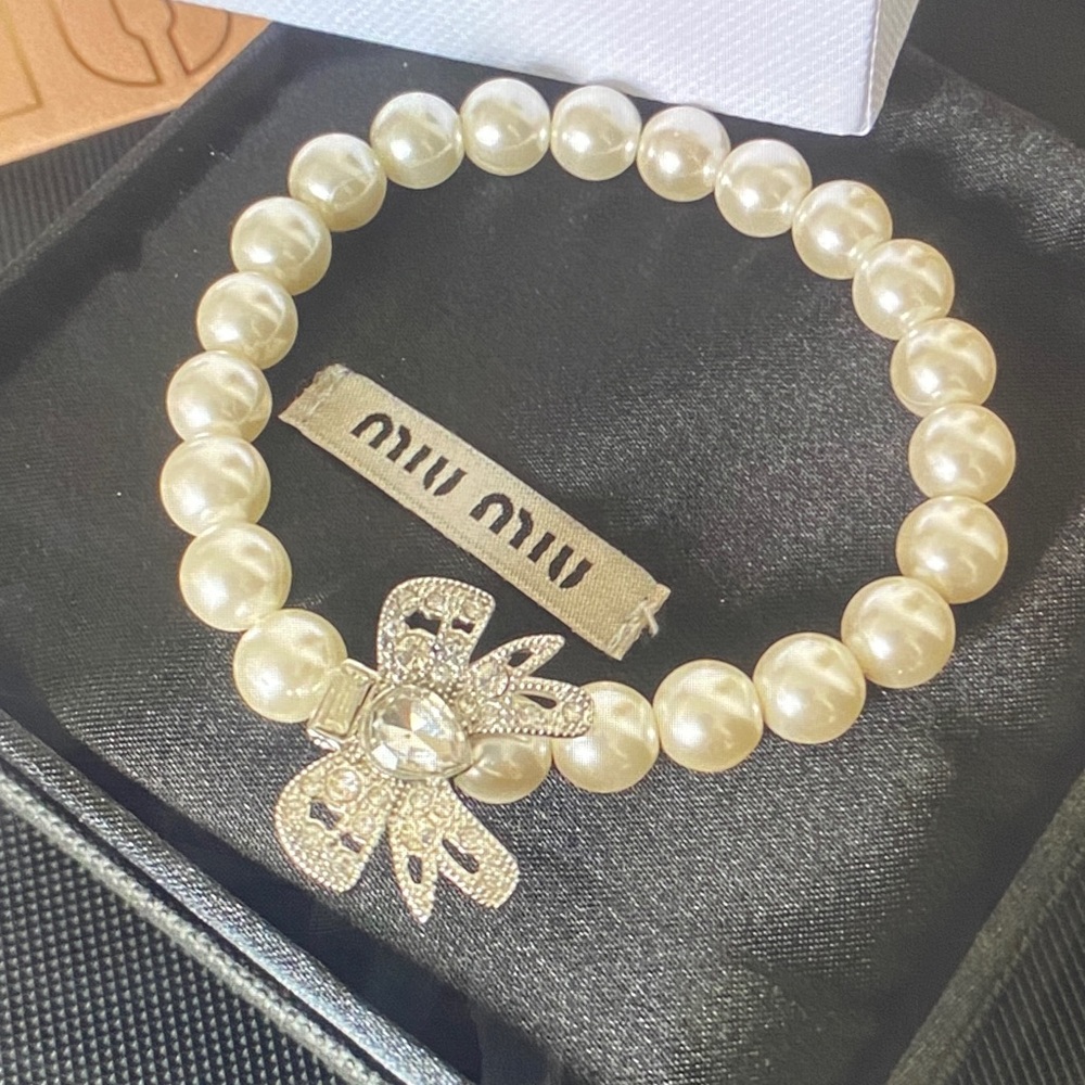 Miu Miu Pearl Bracelet with Crystal Bow Accent